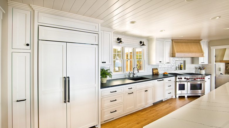 Panel hazır cihazları ile tüm beyaz geçiş mutfak tasarımı