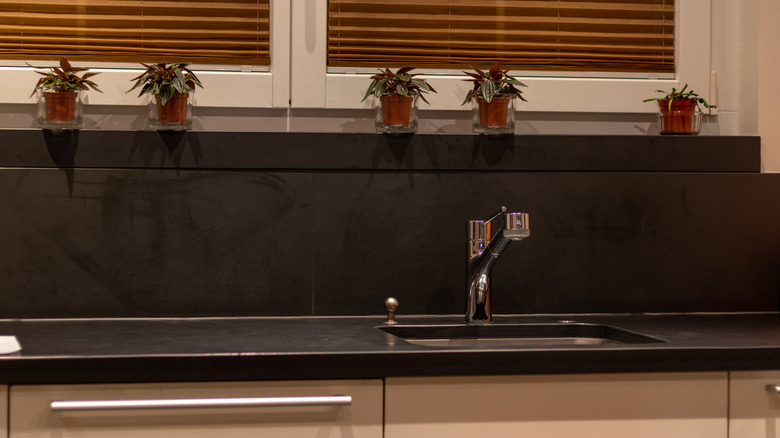 Siyah levha tezgahı ve backsplash ile mutfak lavabosu