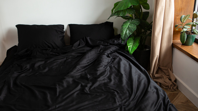 Siyah çarşaf ve bitkili bir yatak