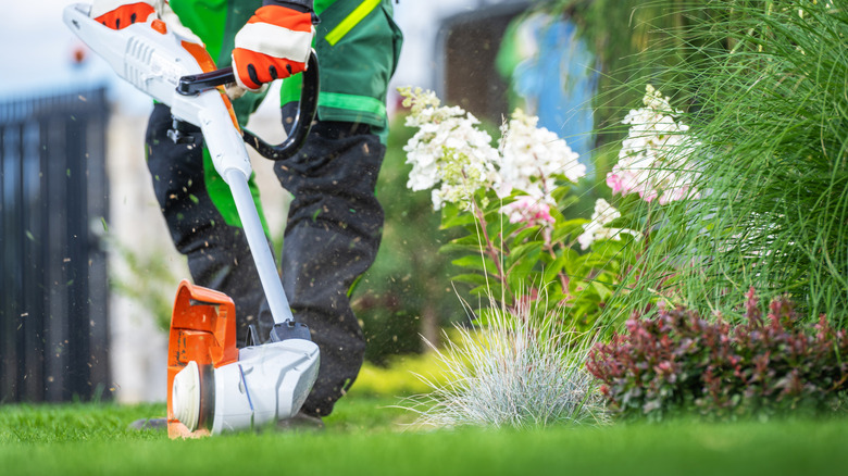Beyaz ve turuncu çim düzelticisi ile bir avluyu kırparken birinin eldivenli elleri ve bacaklarının yakından.
