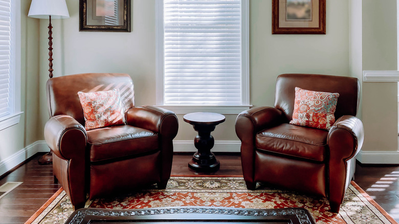 Atma yastıkları ile iki deri koltuk.