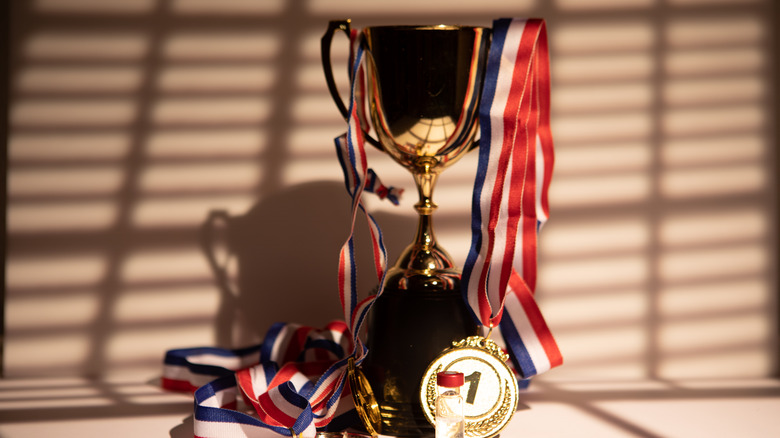 Çevresinde birden fazla madalya bulunan bir kupa.