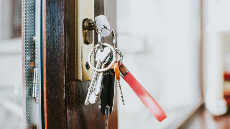 Kalın, kompozit bir cam kapının kilidine asılı bir araba anahtarı fob dahil bir anahtarlık üzerinde bir grup anahtar.