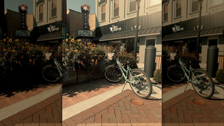 Jasper, Indiana'da çiçeklerle dolu tuğla yaya alanında bir bisiklet duruyor.