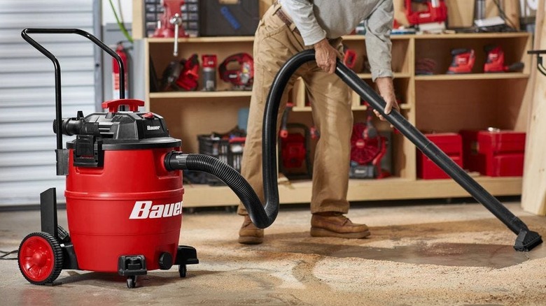 16 galonluk Bauer ıslak/kuru elektrikli süpürgeyi kullanan kişi