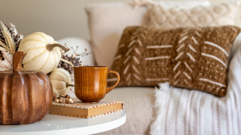 Beyaz ve kahverengi balkabaklarının yanı sıra kurutulmuş bitkilerin bulunduğu, ahşap bir fincan ve ön kısmında bardak altlığı olarak kullanılan bir kitabın bulunduğu bir oturma odası alanı