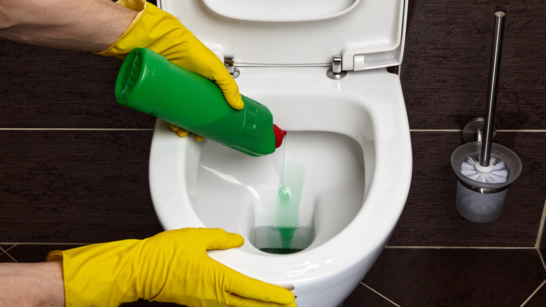 Bir kişi klozet temizleyicisini tuvalete sıkıyor.