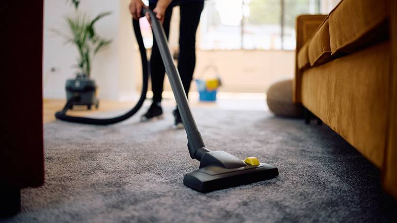 Ev sahibi gri halıyı süpürüyor