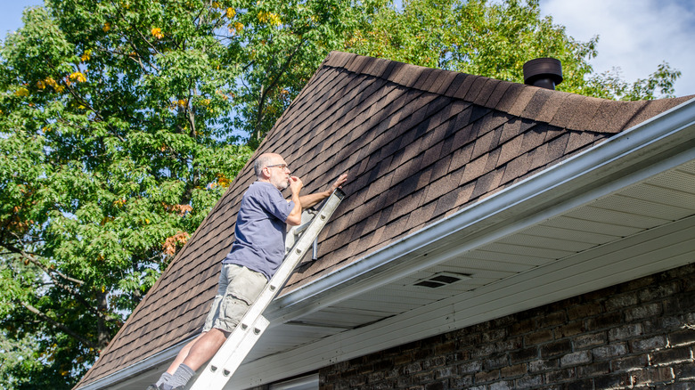 Merdivenin üzerinde duran bir adam çatıyı inceliyor