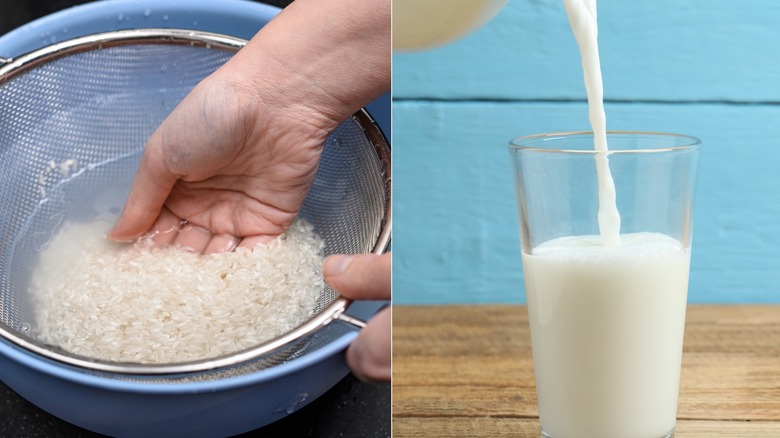 Elde yıkanan pirinç ve sütün bir bardağa dökülüşünü gösteren bölünmüş ekran görüntüsü.