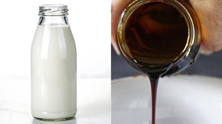 Solda sütün, sağda ise pekmezin döküldüğü bölünmüş ekran görüntüleri.