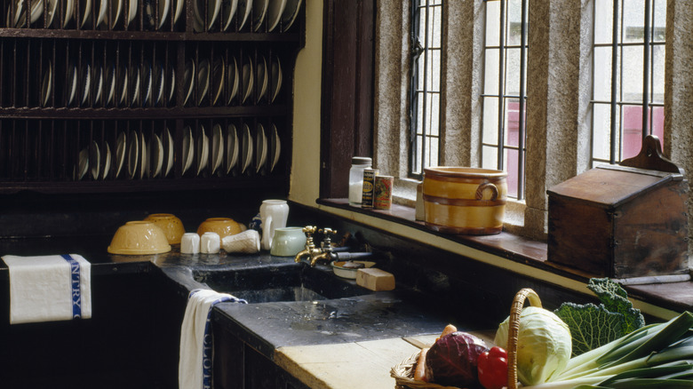 Yiyecek hazırlama, depolama ve lavabo alanı olan bulaşıkhane mutfağı