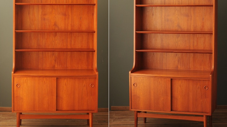 Danimarka Tik ağacından yapılmış kitaplıkların farklı açılardan bölünmüş ekranı.