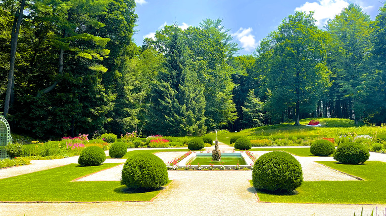 Dikdörtgen çeşme, çiçekler ve kesilmiş çitleri içeren The Mount'taki resmi bahçeler