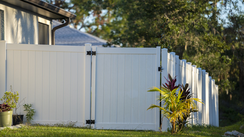 Beyaz bir vinil çit yan bahçeyi çevreliyor