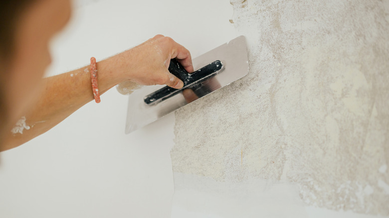 duvar dokusunu kaplamak için yağsız kaplama kullanan kişi