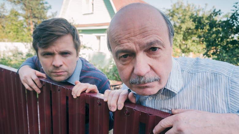 İki kızgın adam çitin üzerinden komşularına kaşlarını çatarak bakıyor.