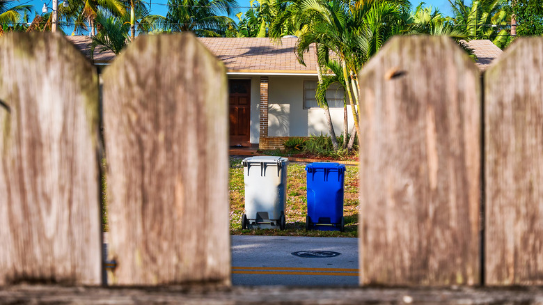 komşunun çöp kutularının çitlerinin arasından bakmak