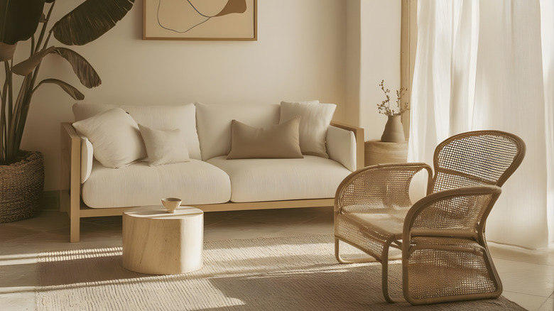 Hafif kırık beyaz duvarlara, rattan ve bej mobilyalara ve beyaz perdeye sahip modern bir oturma odası.