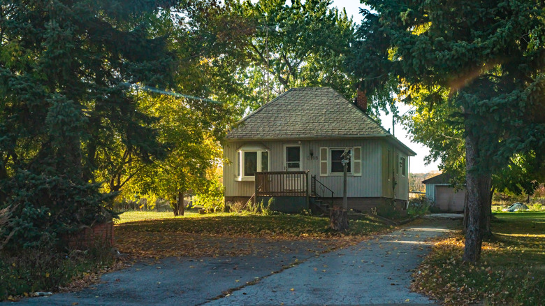 Küçük bir kır evi ağaçlarla çevrilidir