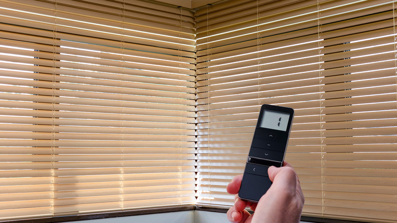 Bir köşe penceresindeki panjurları çalıştırmak için kullanılan uzaktan kumandayı tutan el.