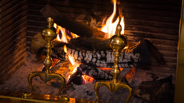 Yanan bir şöminedeki kütükleri iki metal demir demir tutuyor.