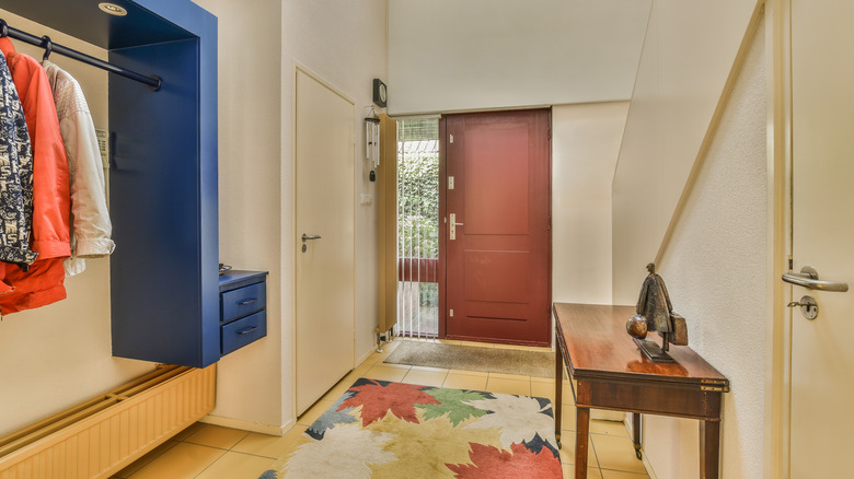 Parlak vurgulu renklerle rahat koridorda boyalı pişmiş toprak renkli kapı