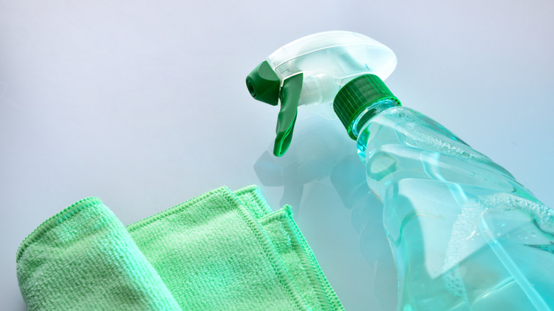 Bir bez ile sprey şişesinde mavi temizleyici