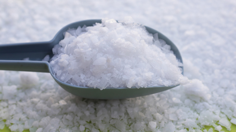 Bir dizi kristalin üzerinde duran bir kepçe sodyum hidroksit