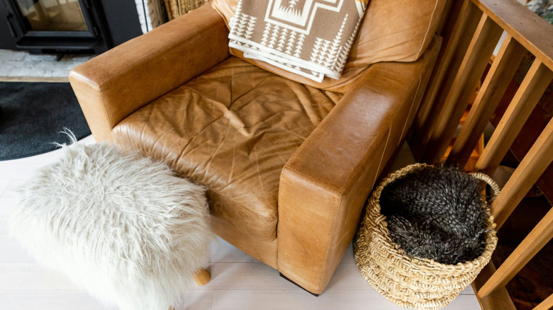 oturma odasında battaniyeli sepet