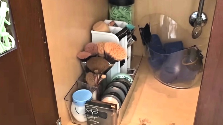 Banyo lavabosunda kozmetik ve makyaj fırçaları bulunan mutfak buzdolabı kutuları