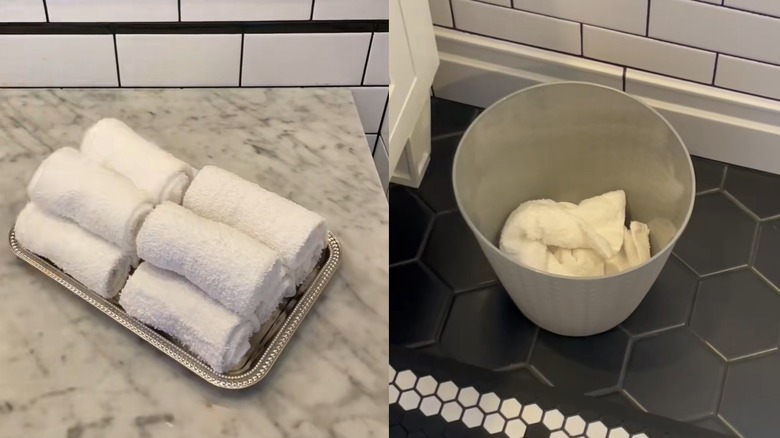 Geometrik desenlere sahip modern banyoda Dolar Ağacı havlu tabağı ve çamaşır sepeti