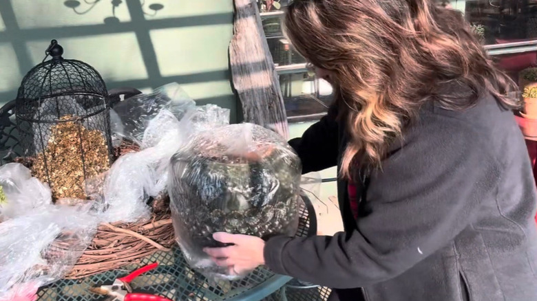 Bir kadın saksıdaki bir bitkiyi plastik bir çöp torbasına koyuyor.