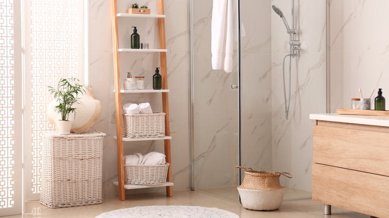Üzerinde bitkiler ve banyo malzemeleri bulunan açık raflı duş odası