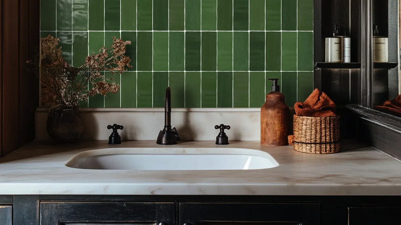 Kuvarsit tezgahlı ve yeşil zellige fayanslardan yapılmış arka panelli banyo makyaj masası.