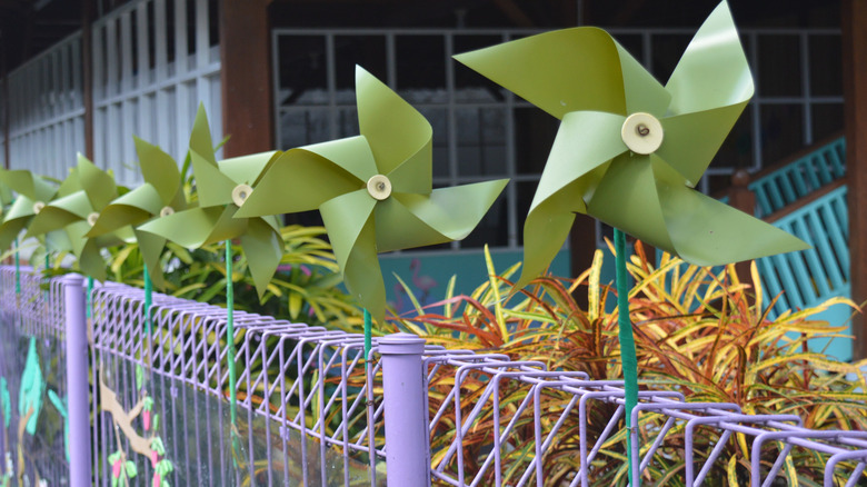 Bahçenin üzerindeki metal çite tutturulmuş, yansıtıcı kireç rengi fırıldaklar.