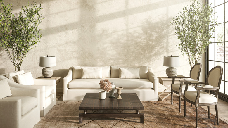 Büyük pencereler, kanepe ve yan sandalyeler bulunan modern, güneşli oda.