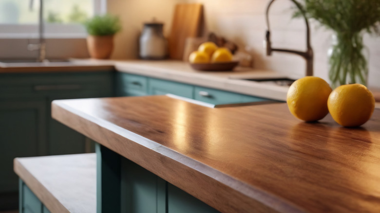 Yeşil dolaplı ve ahşap desenli koyu ahşap tezgah