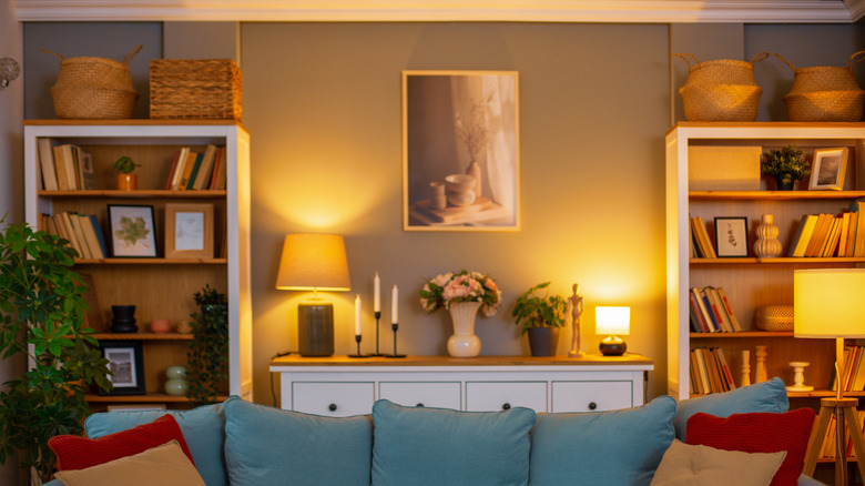 Şık kitaplıklar içeren rahat bir oturma odası