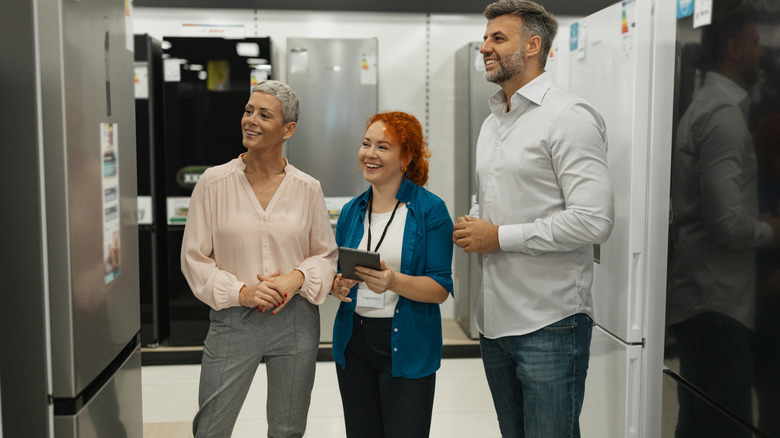 Bir müşteri ve satış elemanı buzdolabı satın alımını tartışıyor.