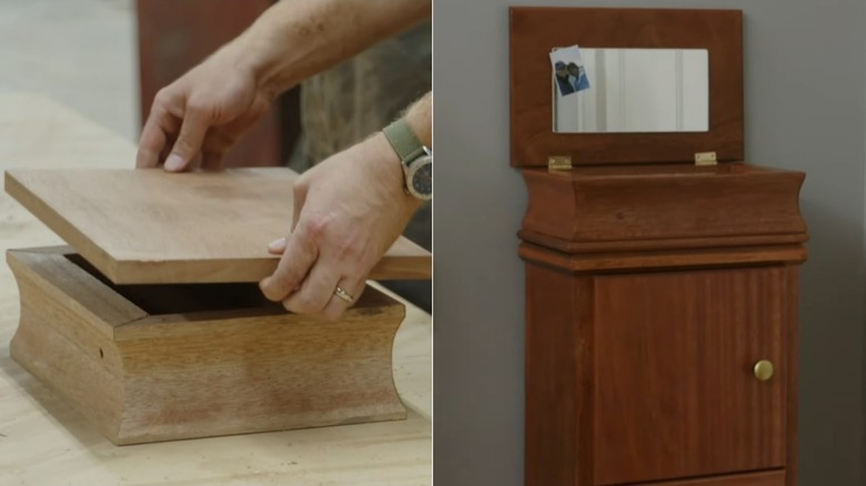 Tamamlanmamış bir ahşap takı gardırobunun ve tamamlanmış projenin üzerine yerleştirilen üst kısmın bölünmüş görüntüsü.