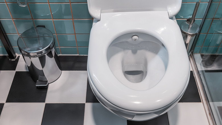 Modern bir tuvalette yerleşik bide başlığı, metal çöp kutusu ve kareli yer karoları olan temiz beyaz klozet