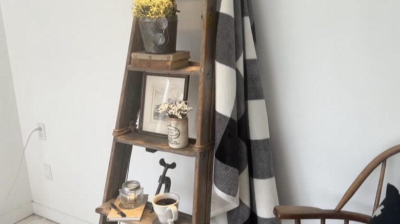 Merdiven vitrin raflarındaki çiçekler