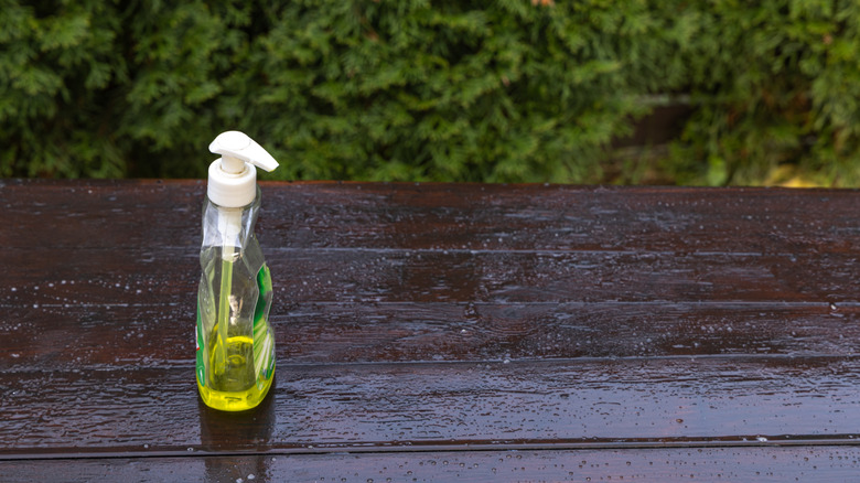 Solüsyonla işlemden geçirildikten sonra güvertenin ıslak yüzeyinde bir şişe temizleme solüsyonu