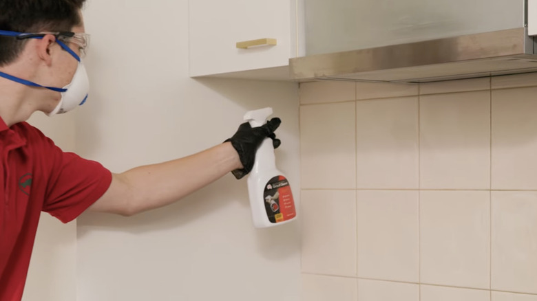 Bir kişi fayanslı mutfağın arka camına yapıştırıcı sıkıyor.