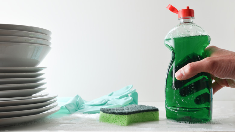 Bir sünger, eldiven ve tabakların yanında bir şişe yeşil bulaşık sabunu tutan bir el