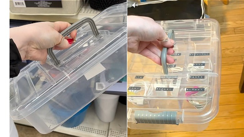 İçinde etiketli şarj kabloları bulunan şeffaf plastik bir kasayı tutan kişi.