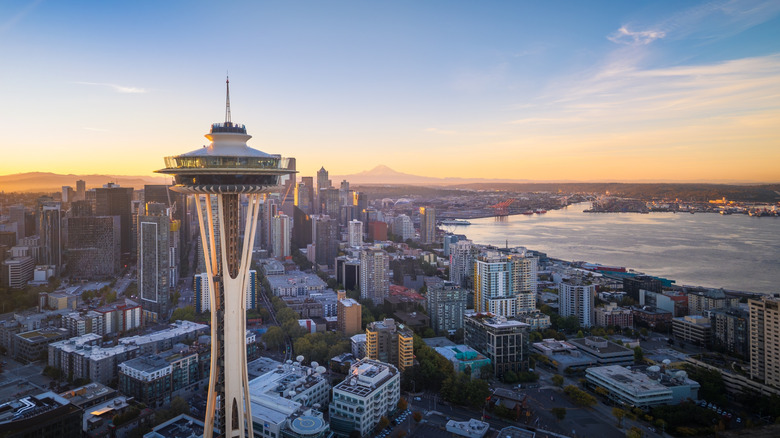 Gün batımı olarak Seattle, Washington'un ufuk çizgisi görünümü, ön planda Space Needle ve arka planda Rainier Dağı