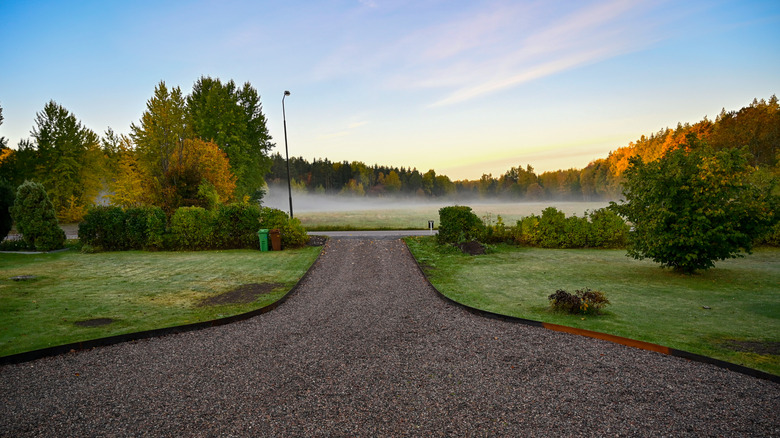 Sisli bir sabahta reçine çakıllı bir araba yolu.