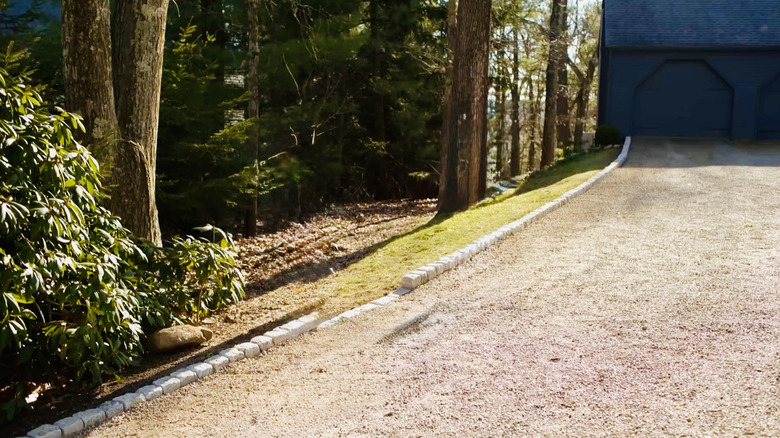 Parke taşları ahşap bir alandaki araba yolunu kaplıyor.